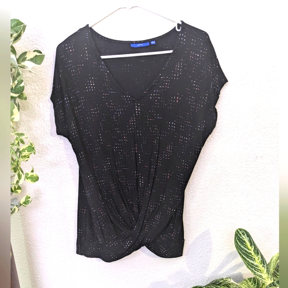 Apt 9 Black Twist Front V-Neck Tshirt with Colored Dot Pattern Sz L